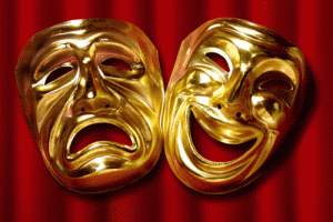 CM TWO MASKS GOLD ON RED